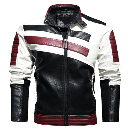 Men’s Black Biker PU Café Racer Stand Collar Striped Black Red White Toned Outfit Moto Rider Zip-Up Casual Classic Streetwear Slim Fit Faux Leather Jacket