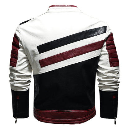 Men’s Black Biker PU Café Racer Stand Collar Striped Black Red White Toned Outfit Moto Rider Zip-Up Casual Classic Streetwear Slim Fit Faux Leather Jacket