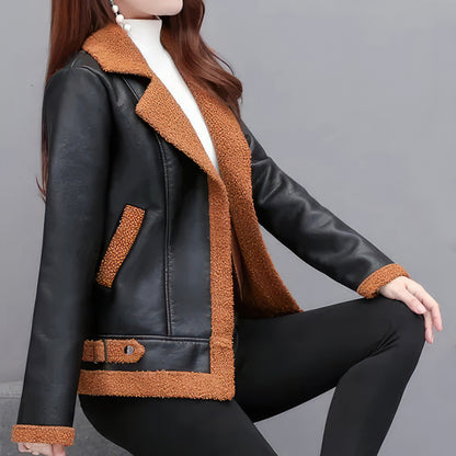 Women’s Black Bomber Genuine Sheepskin Sherpa Shearling Faux Fur Lined Winter Warm Fashion Chic Slim Fit Leather Jacket