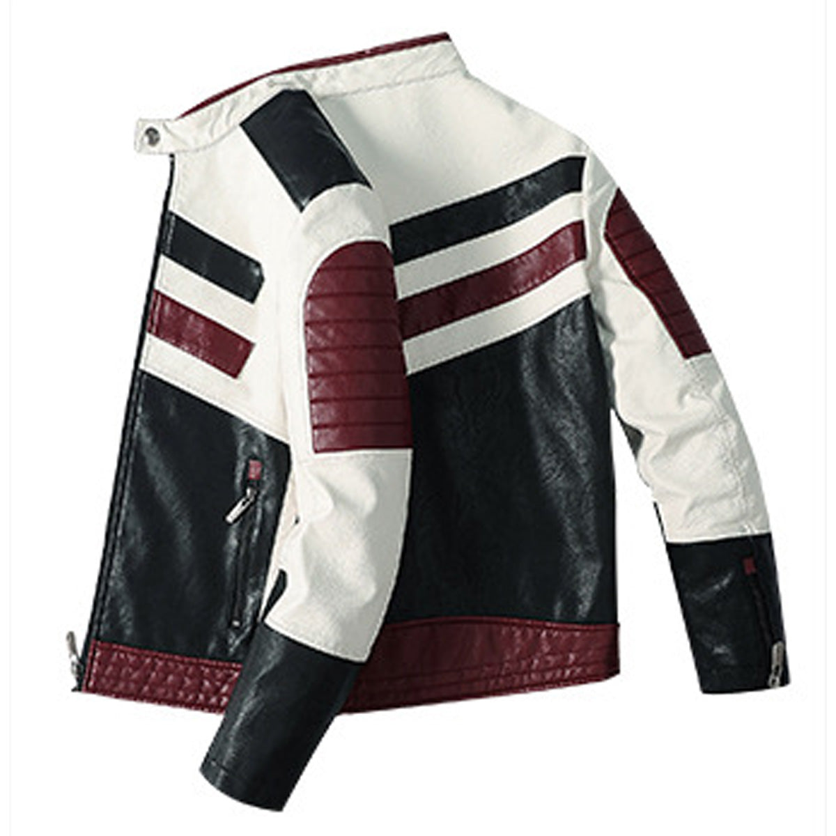 Men’s Black Biker PU Café Racer Stand Collar Striped Black Red White Toned Outfit Moto Rider Zip-Up Casual Classic Streetwear Slim Fit Faux Leather Jacket