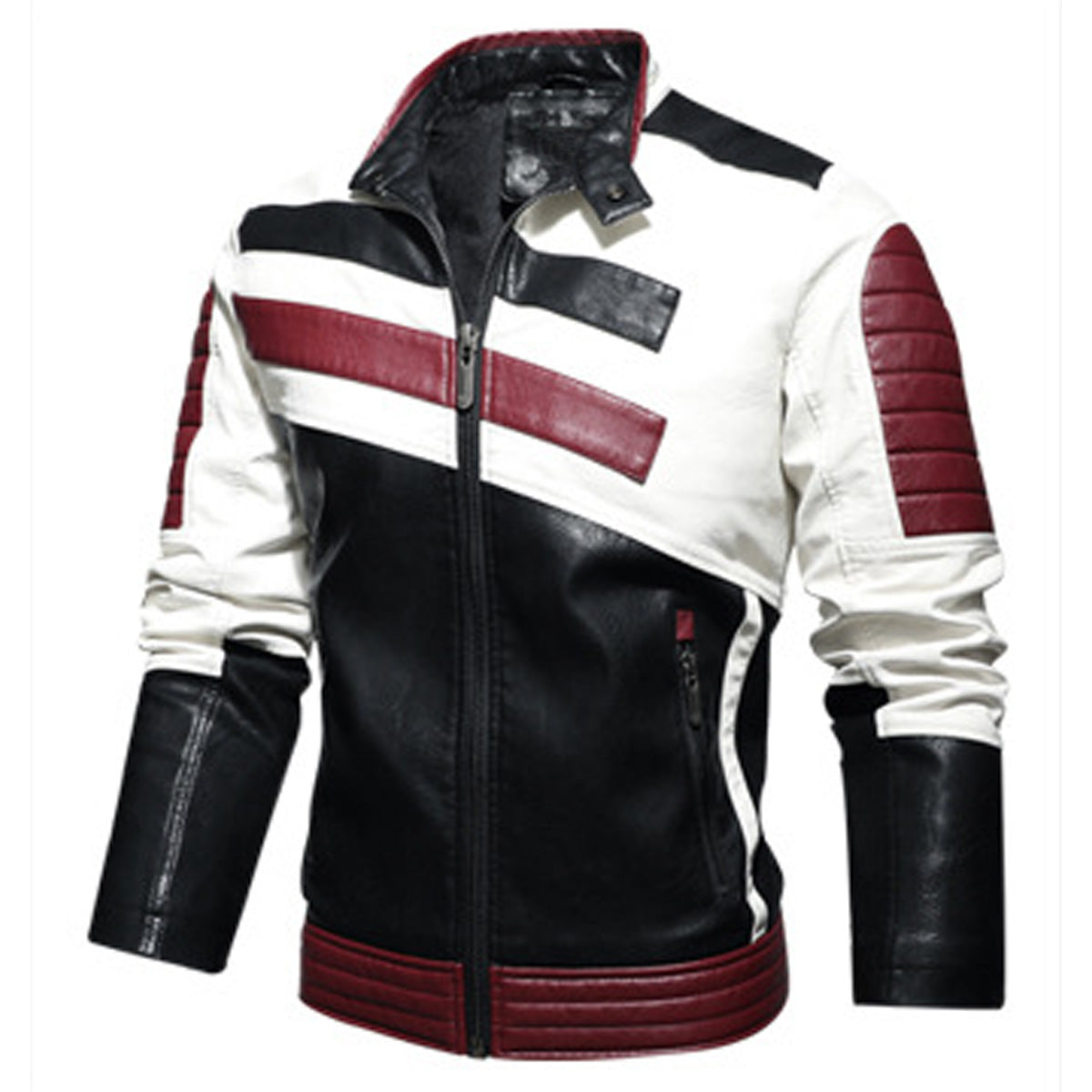 Men’s Black Biker PU Café Racer Stand Collar Striped Black Red White Toned Outfit Moto Rider Zip-Up Casual Classic Streetwear Slim Fit Faux Leather Jacket