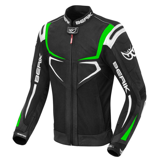 Berik Radic Motorcycle Racing Leather Jacket Black Green Stripe