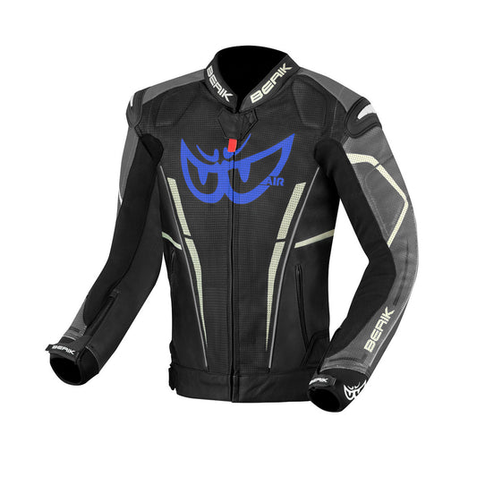 Berik Street Pro Evo Motorcycle Racing Leather Jacket Black and Blue White Stripe