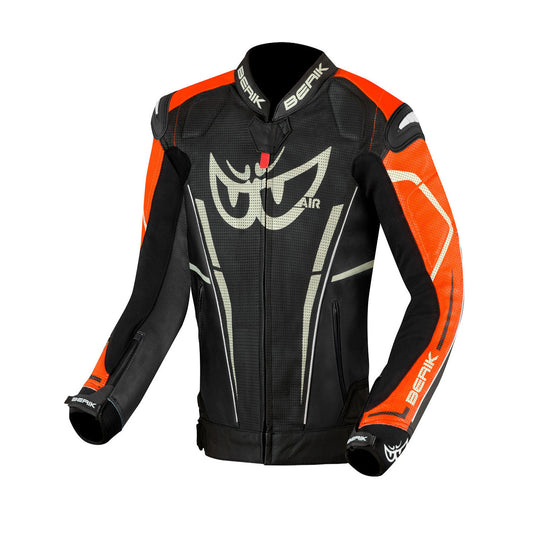 Berik Street Pro Evo Motorcycle Racing Leather Jacket Black and Orange Stripe