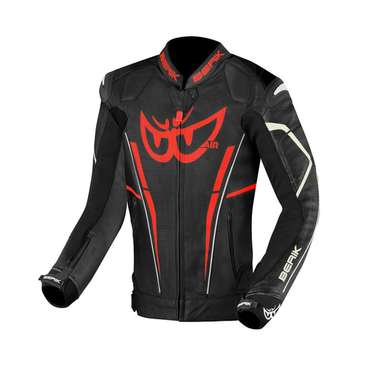 Berik Street Pro Evo Motorcycle Racing Leather Jacket Black and Red White Stripe