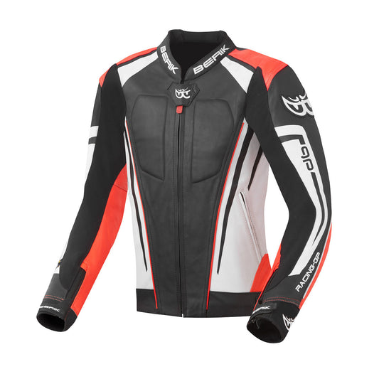 Berik Striper Evo Motorcycle Racing Leather Jacket Black White Red